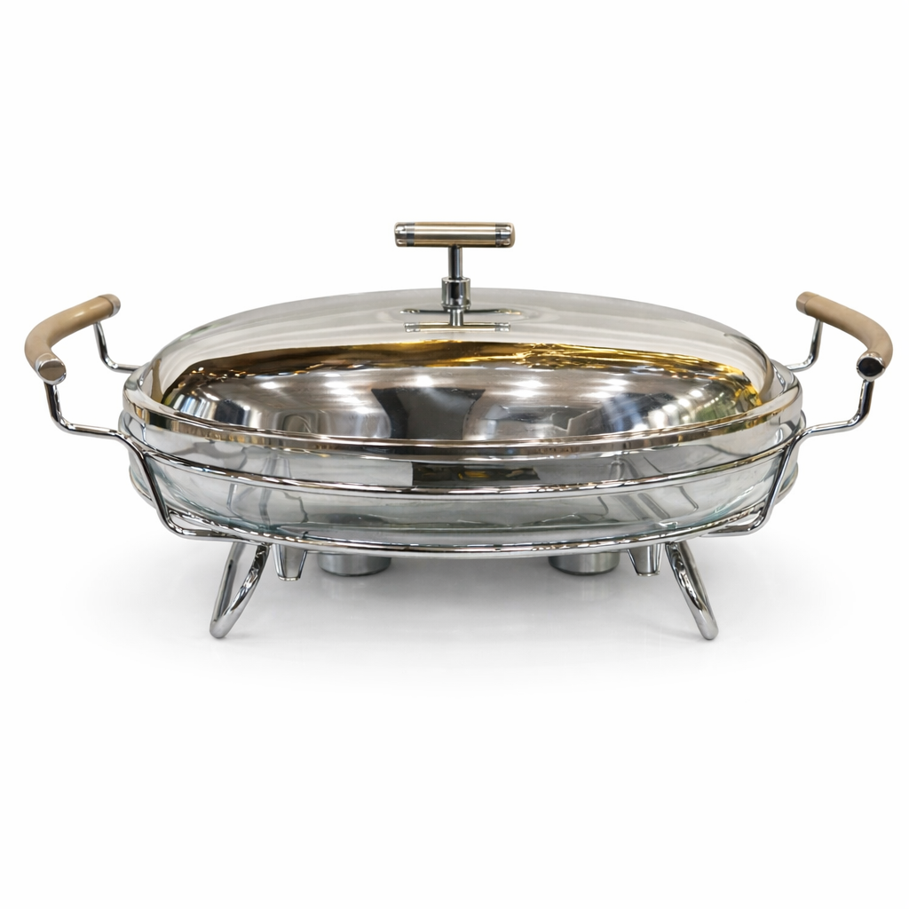 Premium Stainless Steel Chafing Dish 3 LTR – Oval Buffet Food Warmer with Glass Bowl & Lid