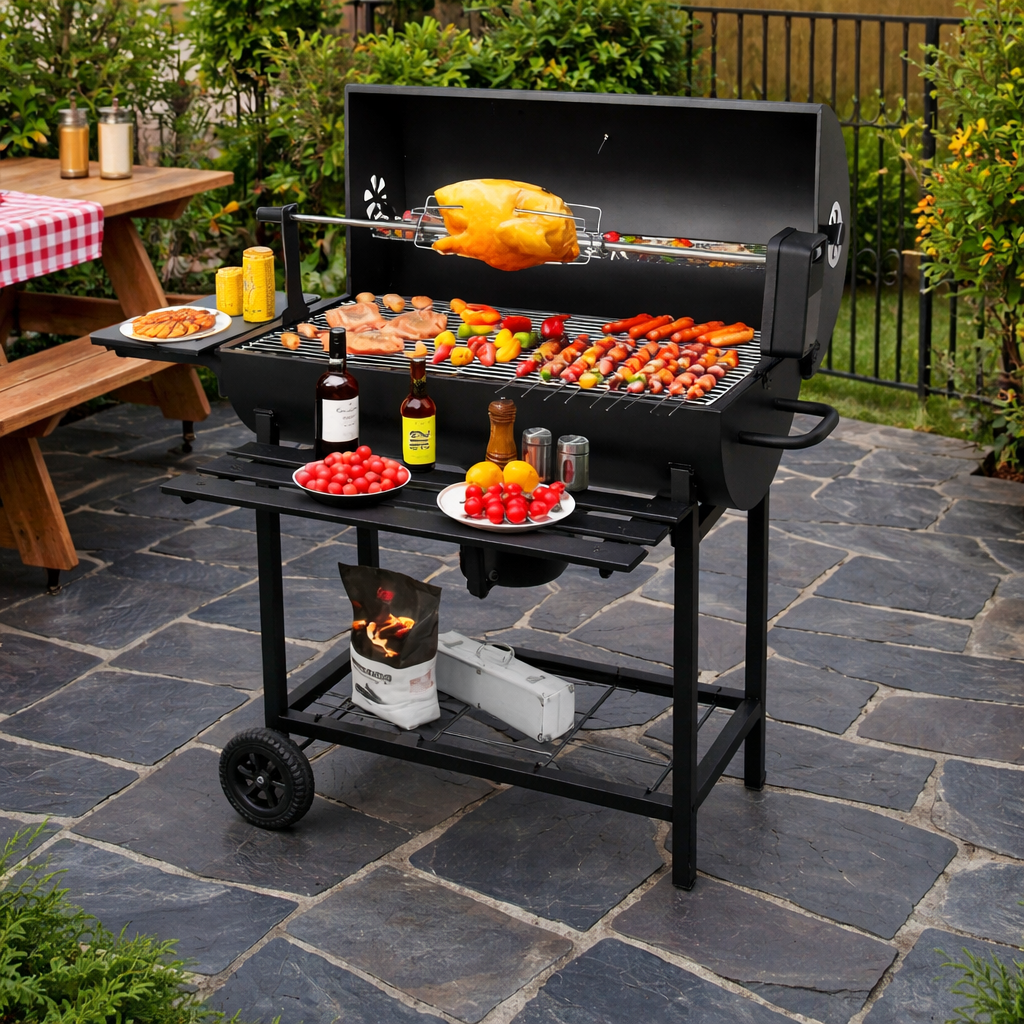 BBQ Grill Monster with Skewers – Heavy Duty Charcoal Grill with Rotisserie & Side Shelves