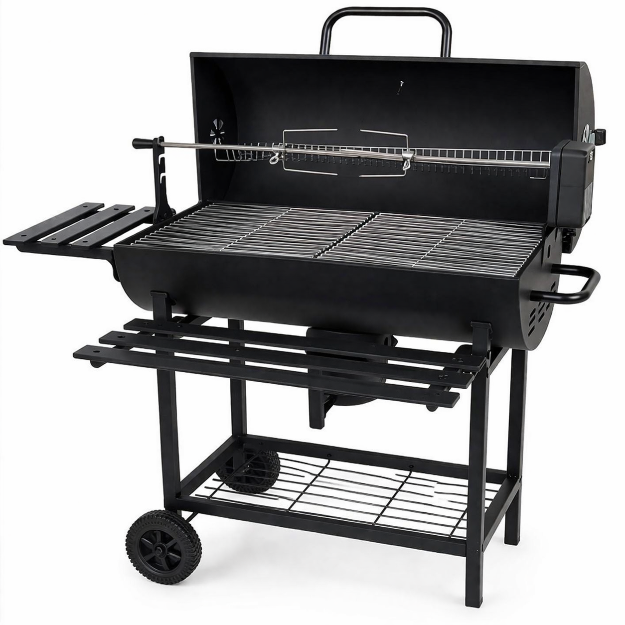 BBQ Grill Monster with Skewers – Heavy Duty Charcoal Grill with Rotisserie & Side Shelves