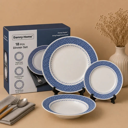 Danny Home Opal 18 Pcs Blue Crosshatch Dinner Set