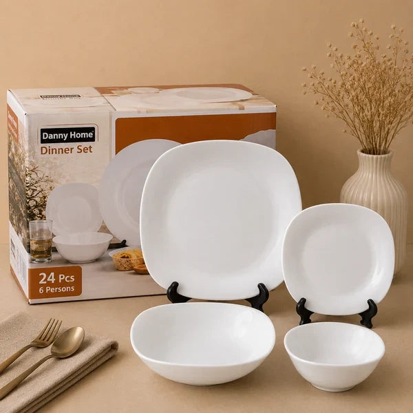 Danny Home 24 Pcs Modern Square White Dinner Set
