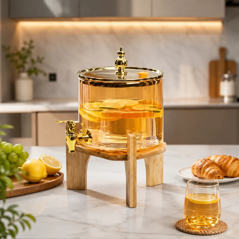 Premium 2.6L Glass Beverage Dispenser with Wooden Stand