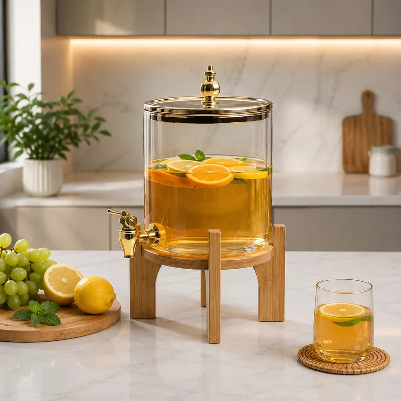Premium 3.6L Glass Beverage Dispenser with Wooden Stand