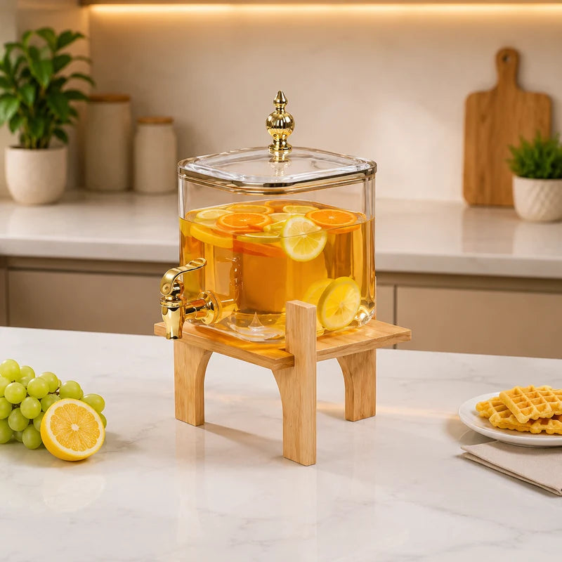 Premium 3.2L Square Glass Beverage Dispenser with Wooden Stand