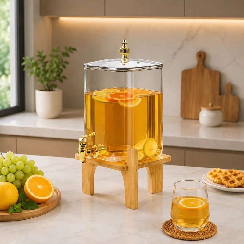 Premium 4.2L Tall Glass Beverage Dispenser with Wooden Stand