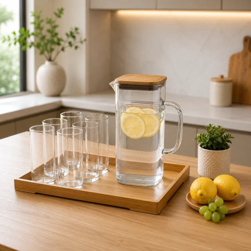 Premium Glass Water Jug Set with Wooden Tray – 8 Pieces