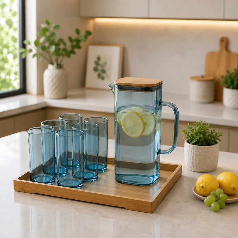 Premium Blue Glass Water Jug Set with Wooden Tray – 8 Pieces