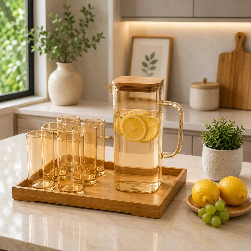 Amber Glow Glass Beverage Set with Bamboo Tray – 8 Pieces