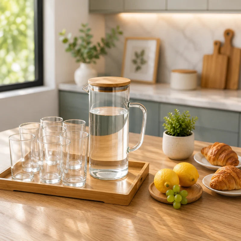 Crystal Flow Glass Beverage Set with Bamboo Tray – 8 Pieces