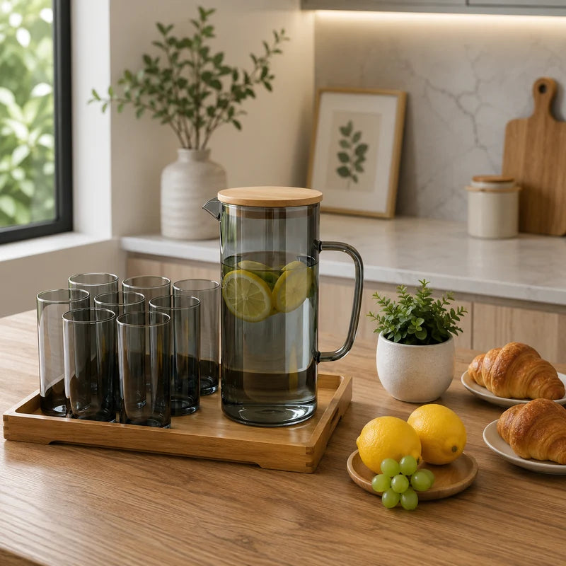 Smoke Luxe Glass Beverage Set with Bamboo Tray – 8 Pieces