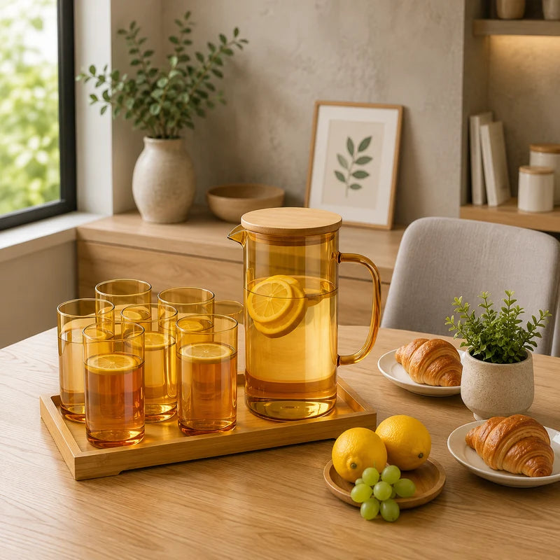 Golden Aura Glass Beverage Set with Bamboo Tray – 8 Pieces