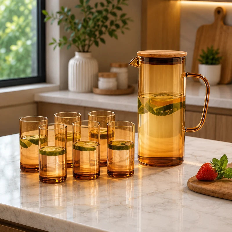 Amber Essence Glass Beverage Set – 7 Pieces