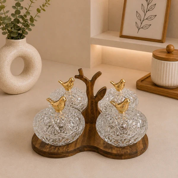 Walnut Crystal Dry Fruit Server – 4 Pcs