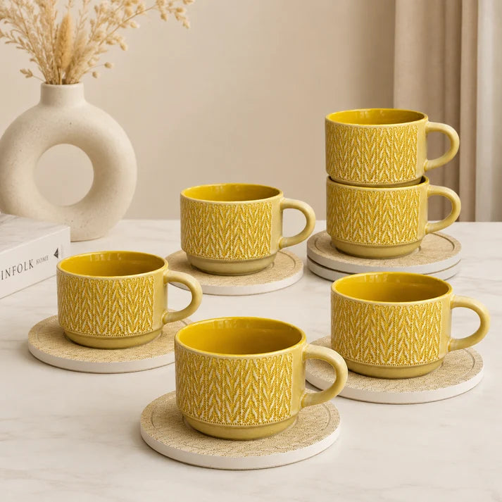 Danny Home Textured Ceramic Cup & Saucer Set – 6 Pcs | Mustard Yellow