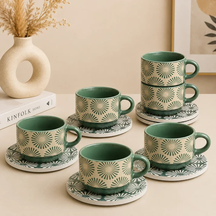 Danny Home Floral Ceramic Cup & Saucer Set – 6 Pcs | Sage Green