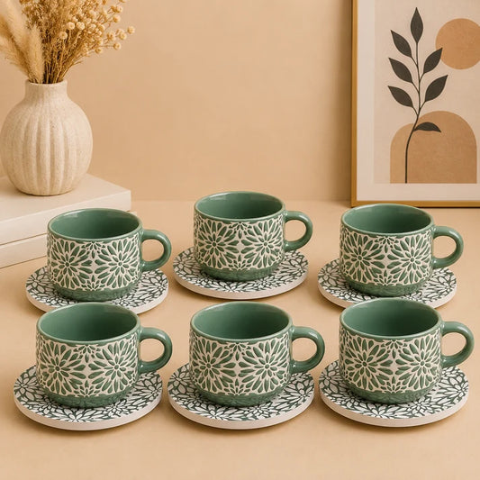 Danny Home Textured Ceramic Cup & Saucer Set – 6 Pcs | Sage Green