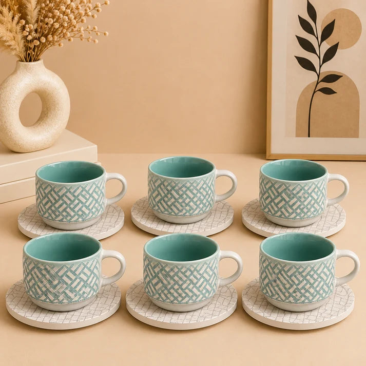 Danny Home Woven Ceramic Cup & Saucer Set – 6 Pcs | Sky Blue