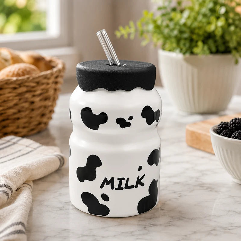 Cow Print Ceramic Milk Mug with Lid & Glass Straw