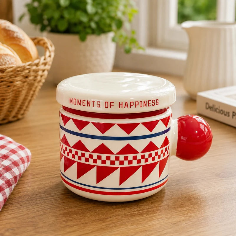 Moments of Happiness Geometric Ceramic Mug with Lid