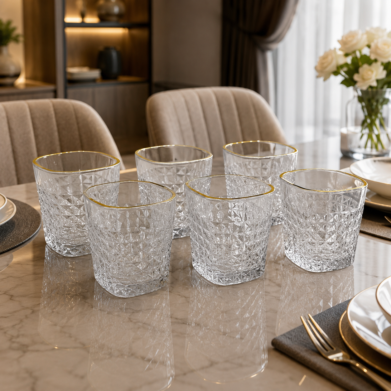 6 Pcs Premium Gold Rim Crystal Glass Tumbler Set