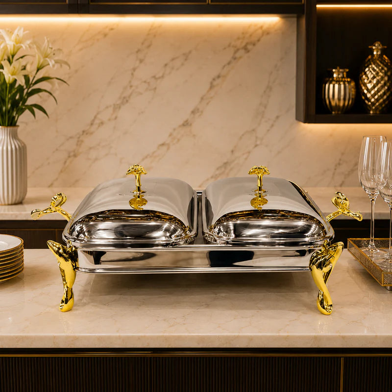 Luxury Double Chafing Dish with Gold Accents – 1.5L × 2 Compartments