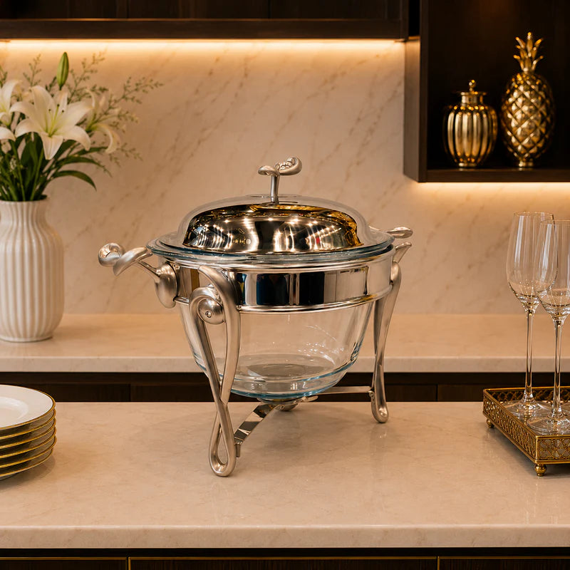 Premium 4L Glass Chafing Dish with Stainless Steel Lid – Silver Finish