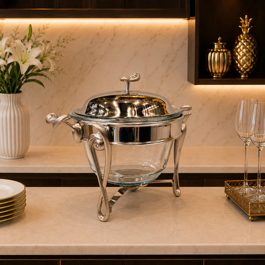 Premium 4L Glass Chafing Dish with Stainless Steel Lid – Silver Finish