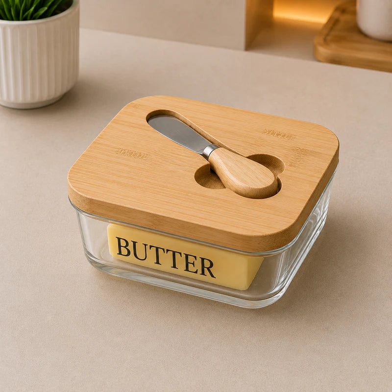 Premium Glass Butter Keeper with Wooden Lid & Butter Knife