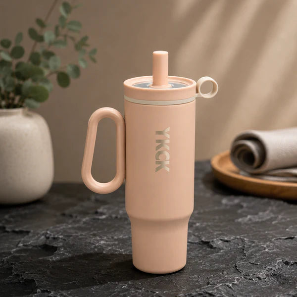 YKCK Vacuum Insulated Travel Tumbler with Handle & Straw – Beige | 40oz