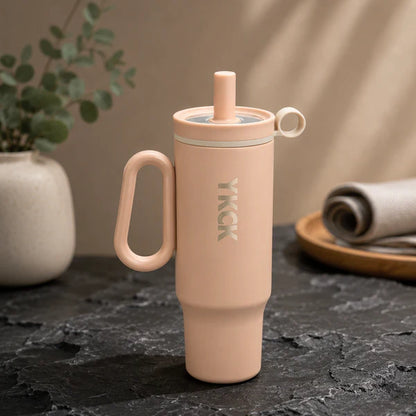 YKCK Vacuum Insulated Travel Tumbler with Handle & Straw – Beige | 40oz