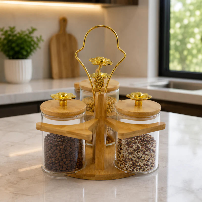 Luxury Glass Storage Jar Trio with Wooden Stand