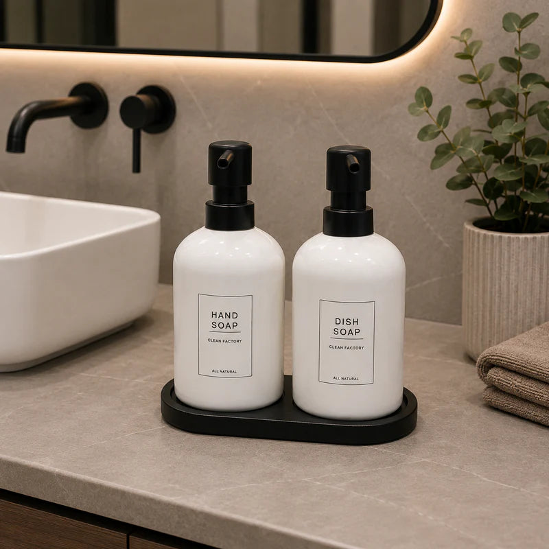 2-Piece Ceramic Soap Dispenser Set with Tray – White