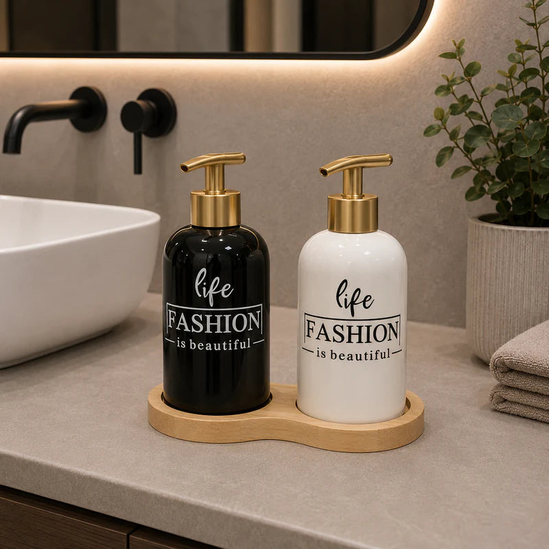 2-Piece Ceramic Soap Dispenser Set with Wooden Tray – Fashion Collection