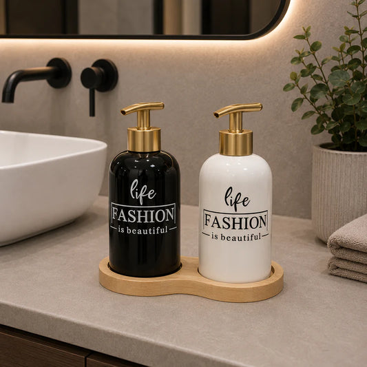 2-Piece Ceramic Soap Dispenser Set with Wooden Tray – Fashion Collection