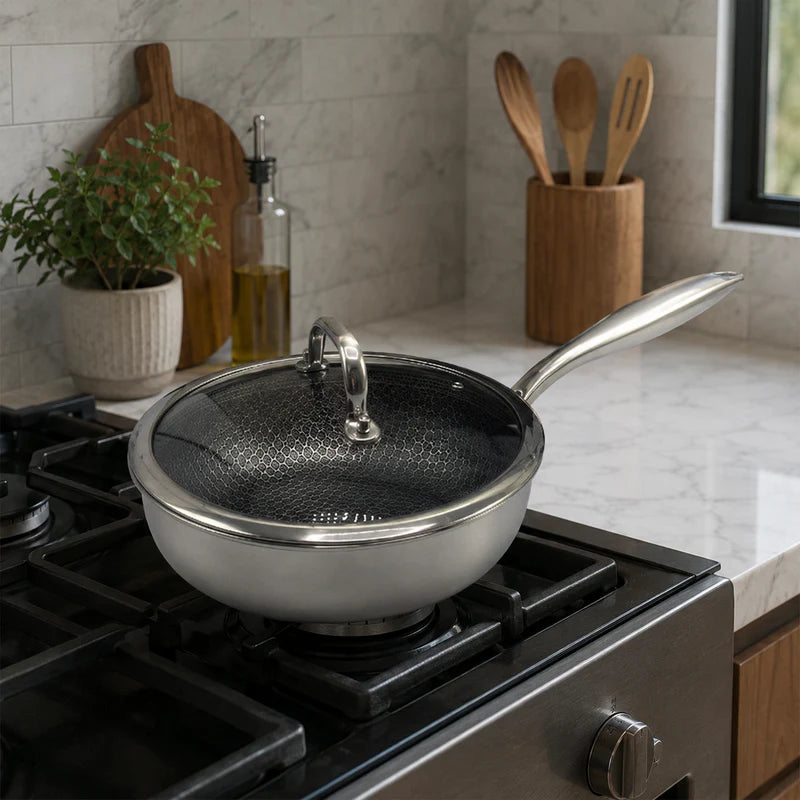 Stainless Steel Deep Fry Pan with Glass Lid | 24cm