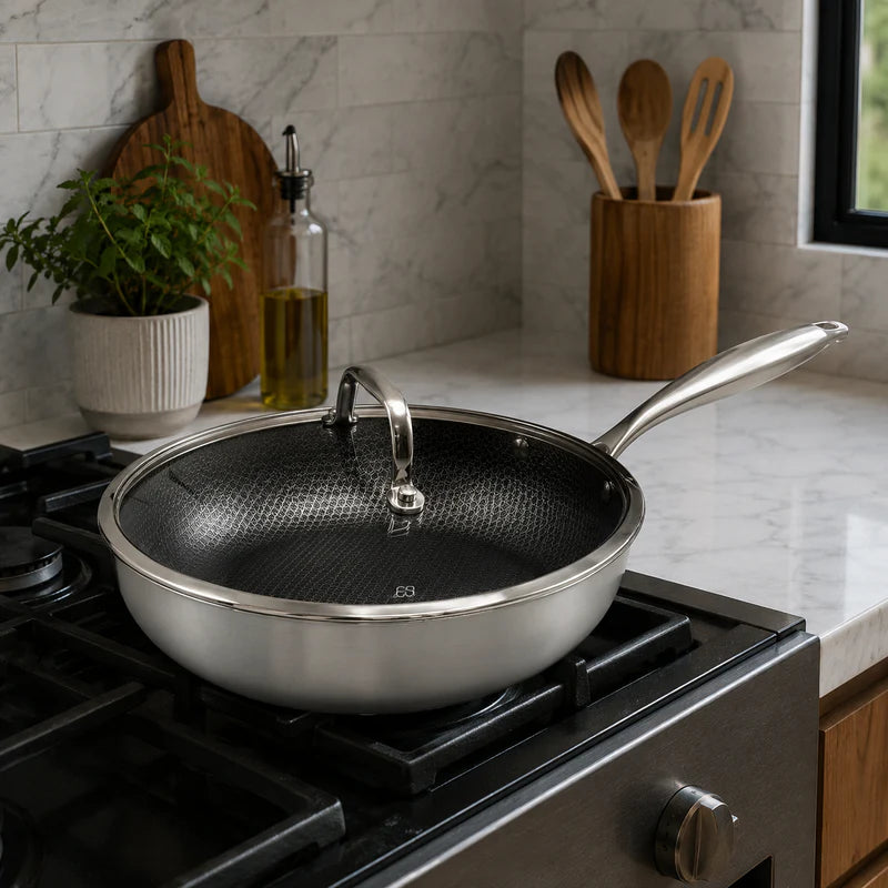 Stainless Steel Deep Fry Pan with Glass Lid | 28cm
