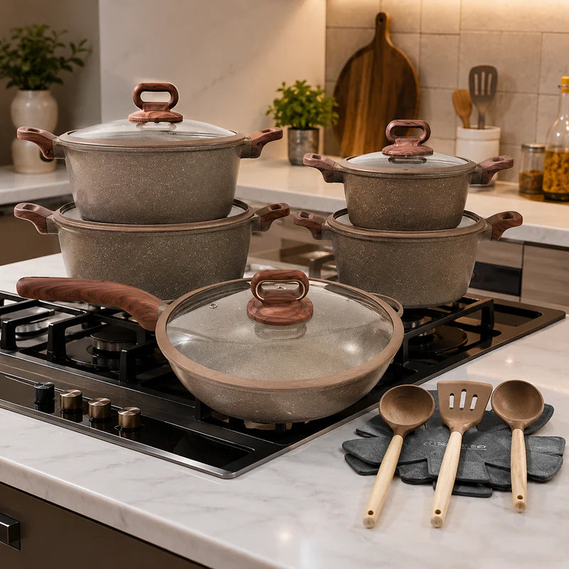 15-Piece Beige Granite Non-Stick Cookware Set