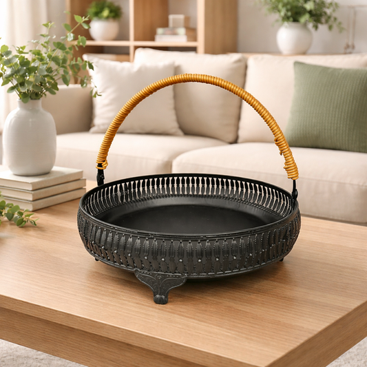 Vintage Metal Serving Basket with Rattan Handle | Rectangle | Oval | Round