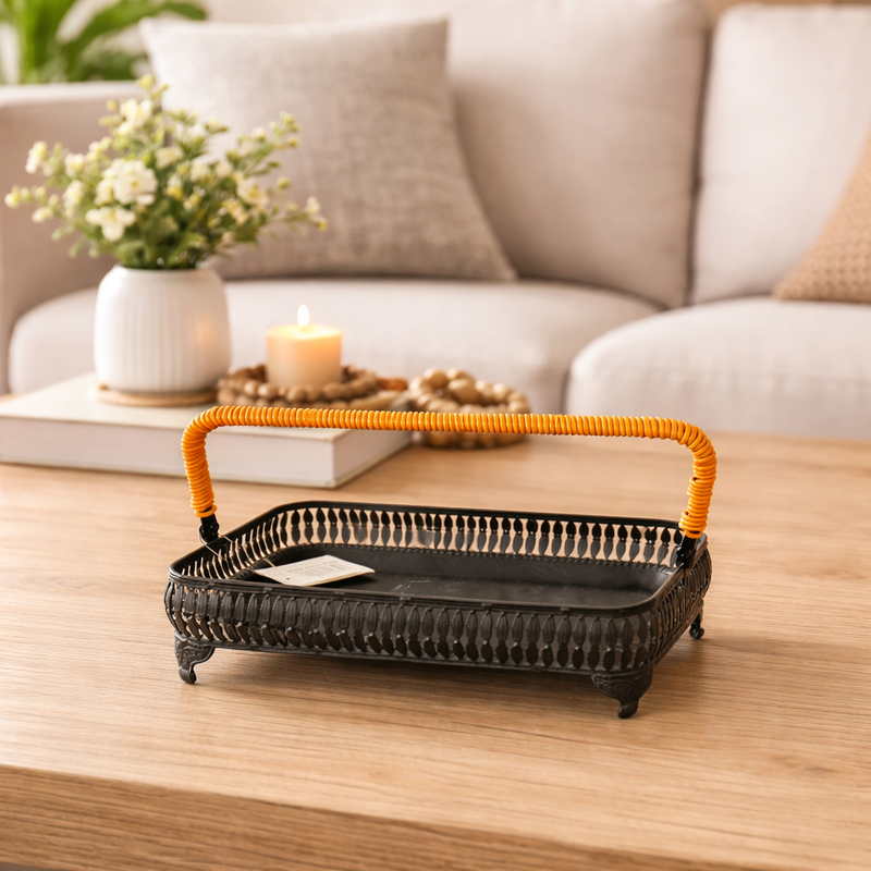 Vintage Metal Serving Basket with Rattan Handle | Rectangle | Oval | Round