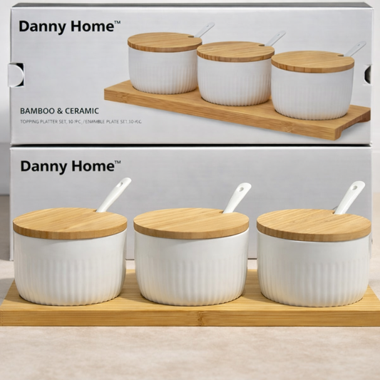 Danny Home Bamboo Ceramic Condiment Jar Set with Spoons
