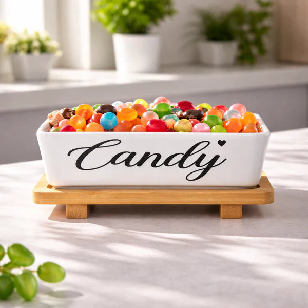 Sweet Ceramic Candy Serving Dish with Bamboo Stand – Elegant Snack & Dessert Bowl