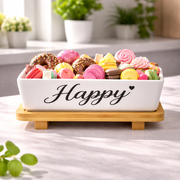 Sweet Ceramic Candy Serving Dish with Bamboo Stand – Elegant Snack & Dessert Bowl