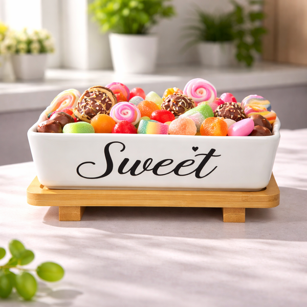 Sweet Ceramic Candy Serving Dish with Bamboo Stand – Elegant Snack & Dessert Bowl