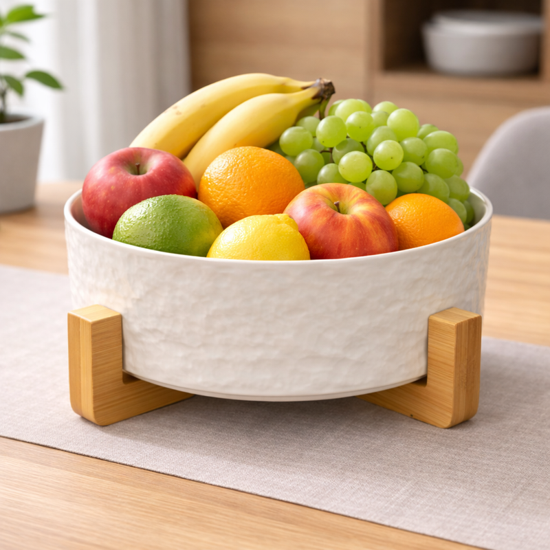 Minimalist Textured Ceramic Bowl with Wooden Stand – Modern Serving Bowl