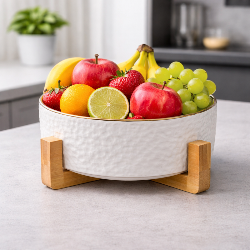Minimalist Textured Ceramic Bowl with Wooden Stand – Modern Serving Bowl