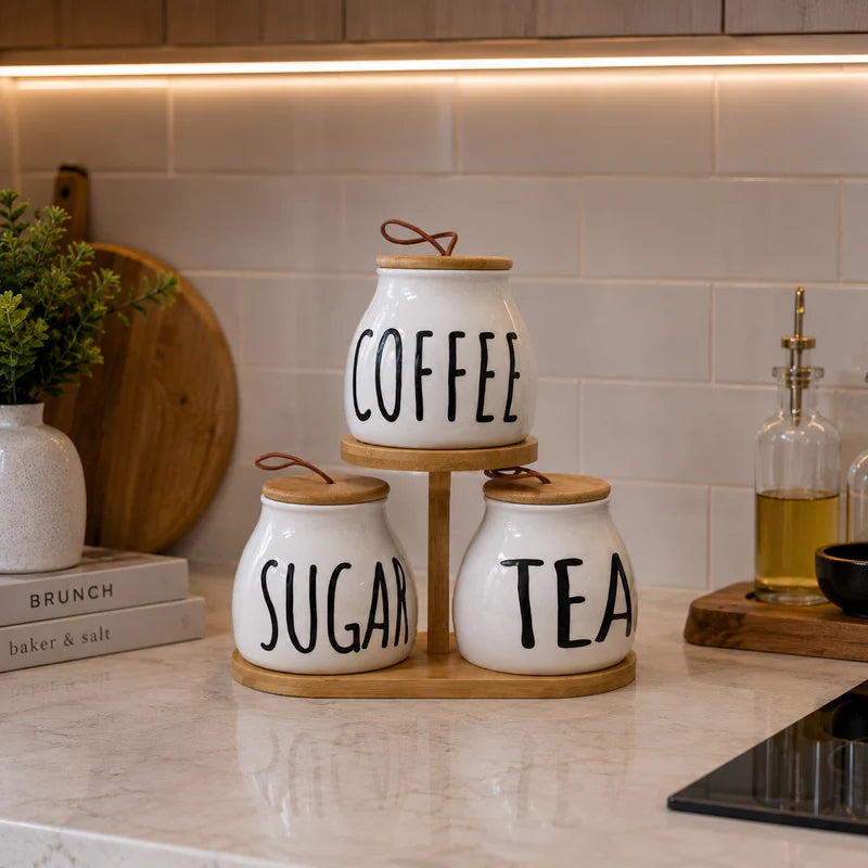 Porcelain 3-Piece Jar Set with Wooden Stand - 500ml Pump Dispenser