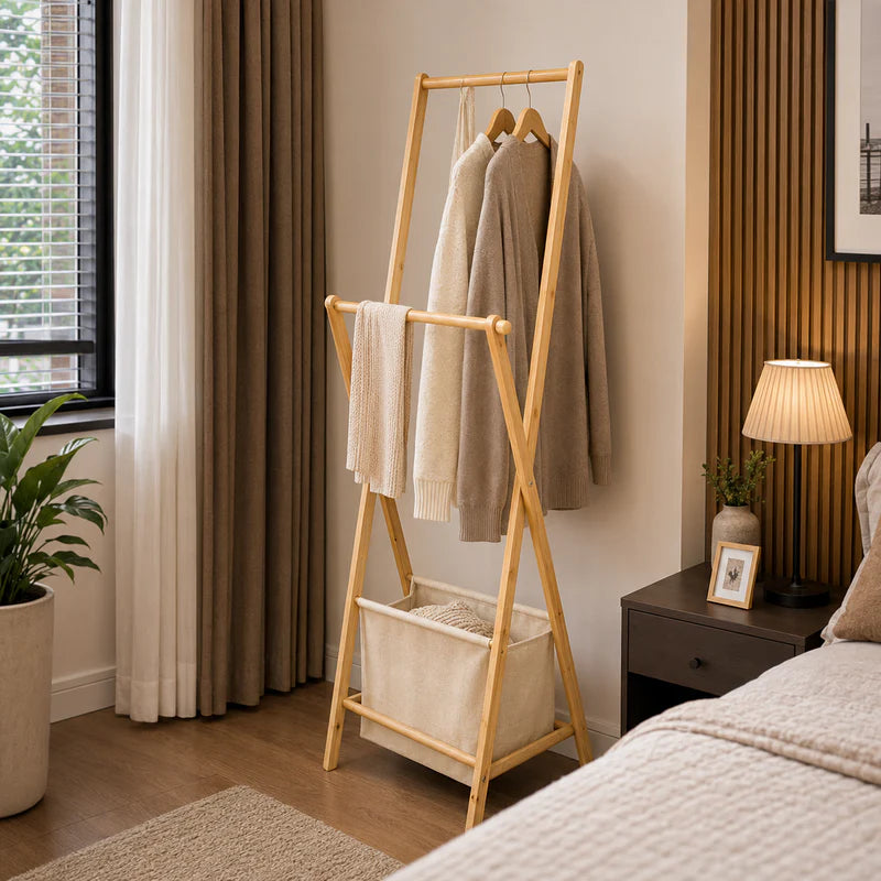Nordic Wooden Clothes Hanging Stand with Storage Basket