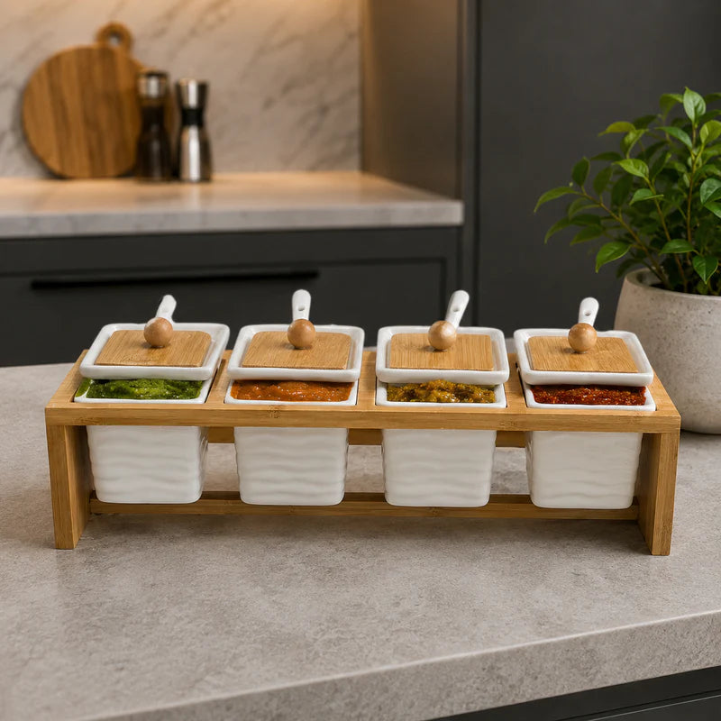 4Pcs Ceramic Chutney Serving Set with Bamboo Stand