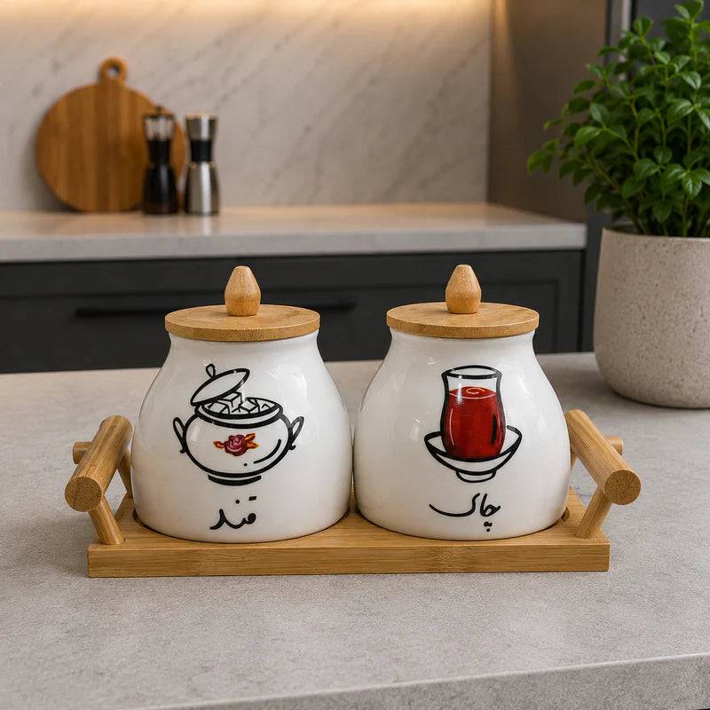 Tea & Sugar Ceramic Jar Set with Bamboo Tray
