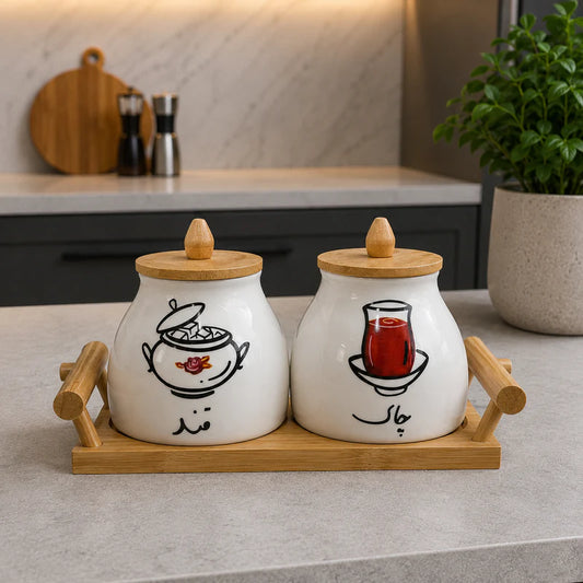 Tea & Sugar Ceramic Jar Set with Bamboo Tray